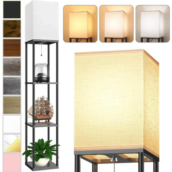 Shelf Floor Lamp with White Linen Shade
