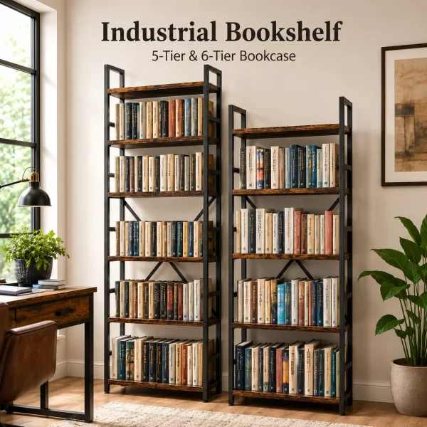 Rustic Brown Wood and Black Metal Bookcase