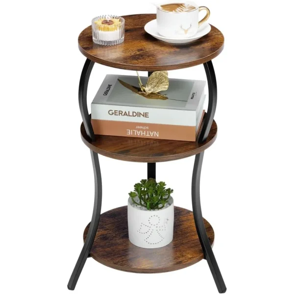 Small Round Side Table with 3-Tier Storage Shelf Compact for Living Room Bedroom Spaces
