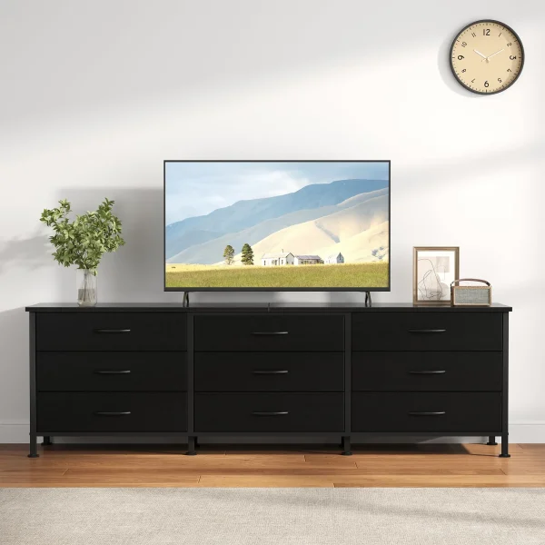 Long Entertainment Center With 9 Fabric Drawers