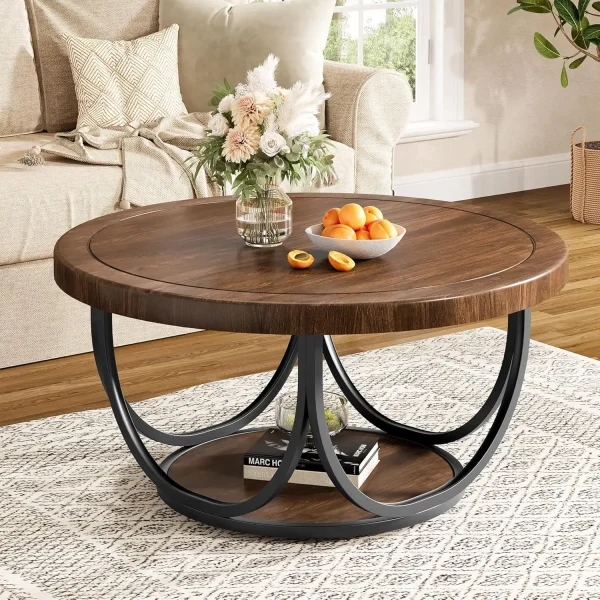 31.5" Wooden Round Coffee Table with 2 Tiers