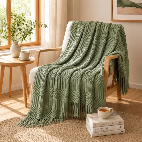 Textured Knit Throw Blanket with Tassel Fringe