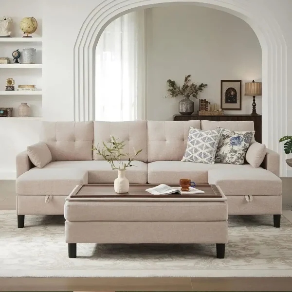 Sectional Sofa with Reversible Ottoman Coffee Table